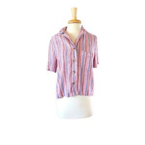 Vintage Rocks & Indigo Linen Blend Striped Button Up Top L